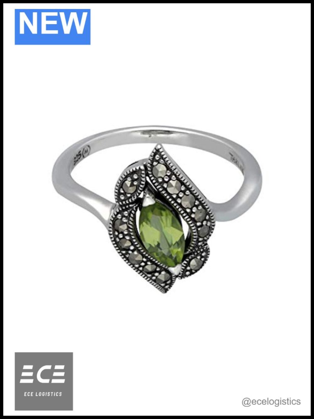Sterling Silver Marquise Peridot Leaf Motif Ring Size 8 Art Nouveau
